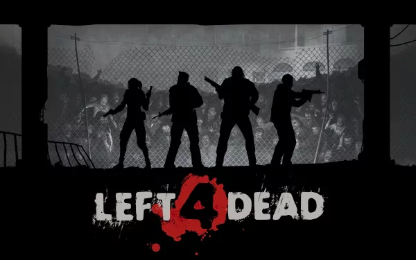 Silhouettes of four characters stand ready with weapons against a backdrop of a zombie horde, featuring the emblematic logo of the video game Left 4 Dead in an HD desktop wallpaper design.