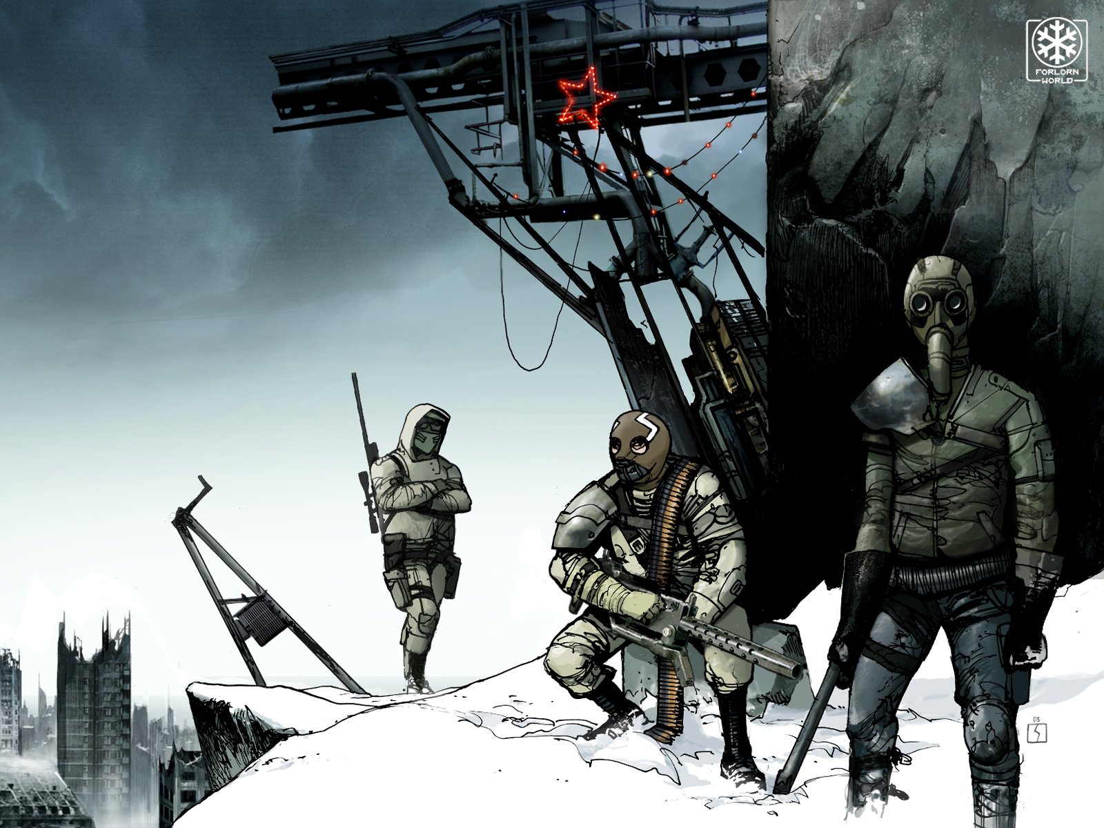 A dramatic sci-fi scene depicting armed soldiers in a desolate landscape, showcasing a war-torn environment with stark contrasts and a striking backdrop. HD desktop wallpaper.