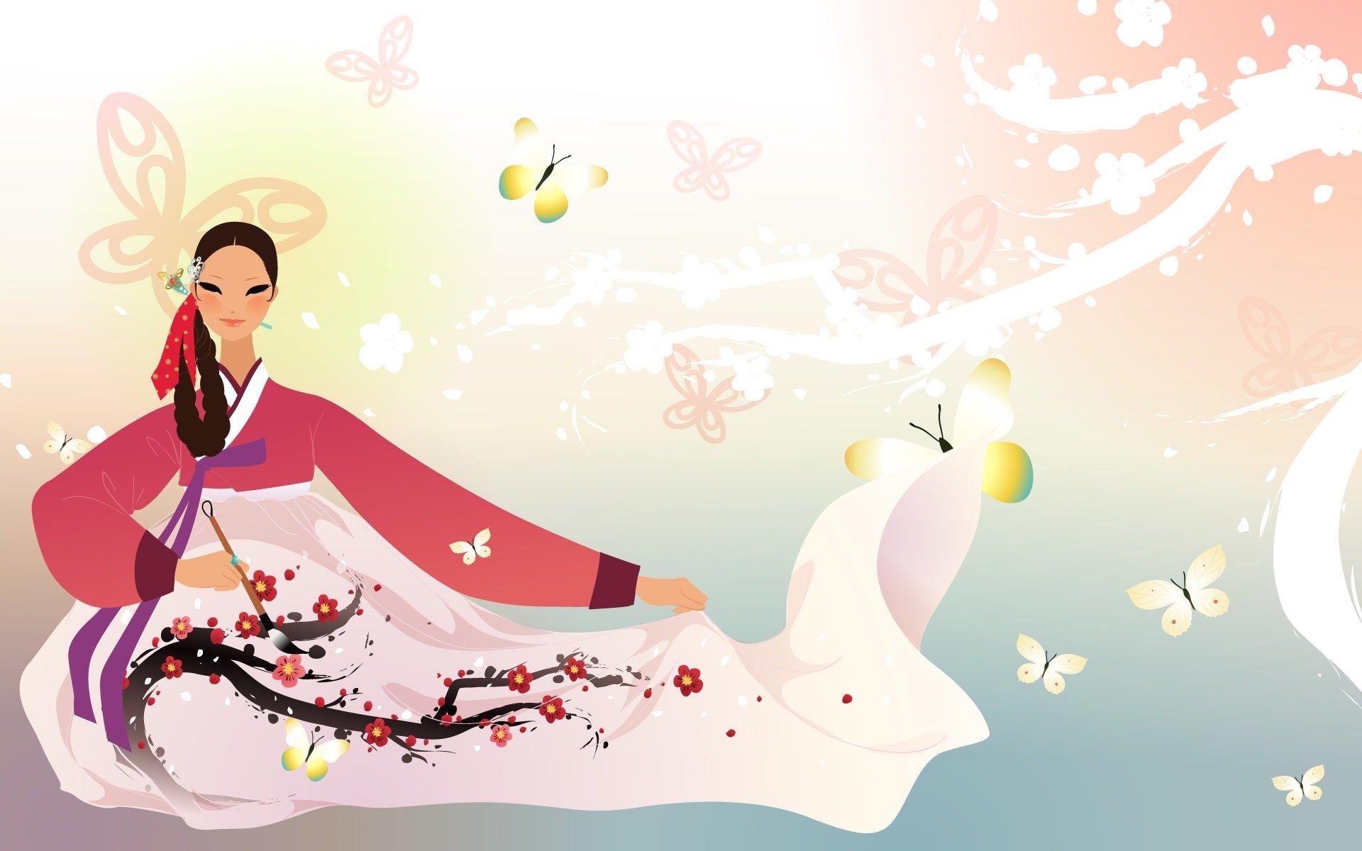 Artistic HD PC desktop wallpaper of a Korean woman in a traditional hanbok, seated with flowing sleeves, floral brushstroke motifs, butterflies and a soft pastel background.