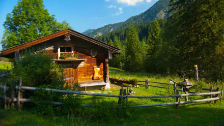 2K Quad HD PC desktop wallpaper: man-made wooden cabin beside a split-rail fence in a sunlit alpine meadow, with surrounding forest and mountains under a bright blue sky.