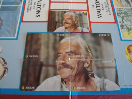Man-made HD PC desktop wallpaper/background featuring The Waltons: close-up portrait of a white-haired, mustachioed man printed across multiple scene cards on a tabletop.