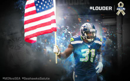 HD desktop wallpaper featuring Kam Chancellor of the Seattle Seahawks holding an American flag, surrounded by a smoky, patriotic background with #LOUDER and tribute ribbon details.