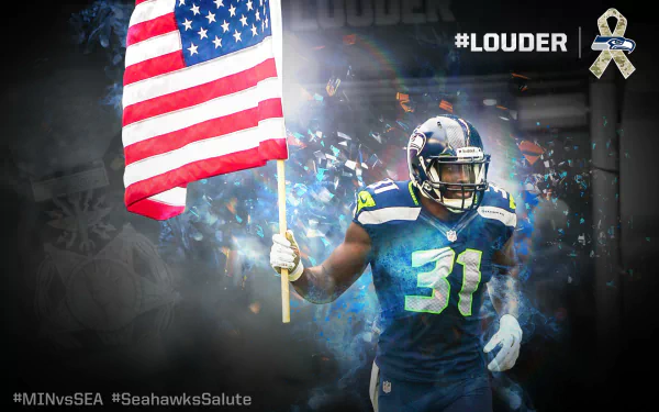 HD desktop wallpaper featuring Kam Chancellor of the Seattle Seahawks holding an American flag, surrounded by a smoky, patriotic background with #LOUDER and tribute ribbon details.