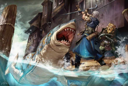 HD wallpaper of a fantasy warrior battling a giant shark near a dock, with another character beside him, set against a dramatic background of buildings and stormy skies.