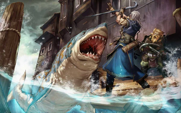 HD wallpaper of a fantasy warrior battling a giant shark near a dock, with another character beside him, set against a dramatic background of buildings and stormy skies.