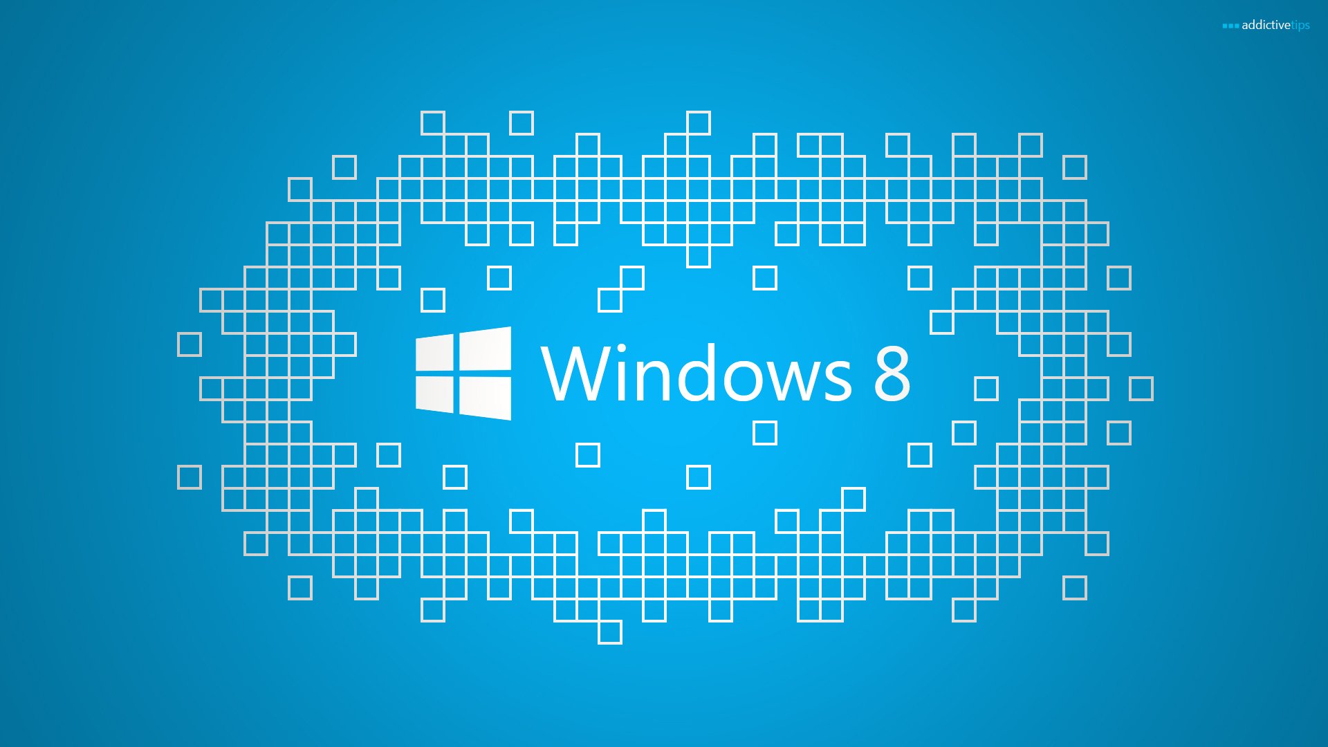HD PC desktop wallpaper featuring a modern blue design with the Windows 8 logo surrounded by a pixelated square pattern, representing technology and innovation.