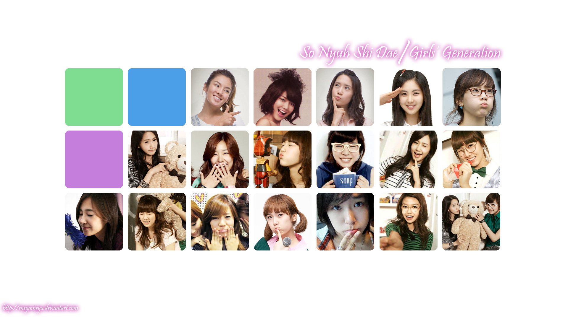 HD PC desktop wallpaper: music-themed mosaic of young women in portrait tiles, pastel color blocks and the text Girls' Generation (SNSD).