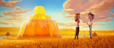 A vibrant scene from Cloudy with a Chance of Meatballs featuring Sam Sparks and Flint Lockwood in a grassy landscape, with a large jelly-like dessert in the background.