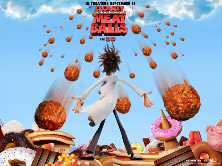 Flint Lockwood stands with his arms outstretched, surrounded by falling food in vibrant colors, from the movie Cloudy with a Chance of Meatballs. A fun HD desktop wallpaper.