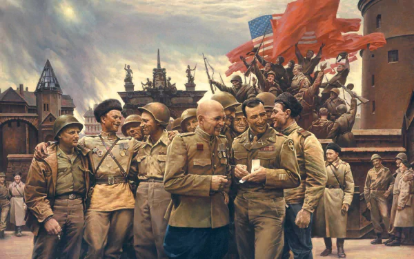 HD PC desktop wallpaper depicting a group of World War II military soldiers celebrating with red flags in the background, capturing a historic wartime moment.