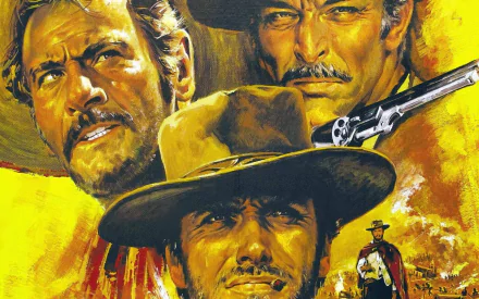 HD PC desktop wallpaper featuring iconic characters Tuco, Lee Van Cleef, and Clint Eastwood from the Western movie The Good, the Bad and the Ugly.