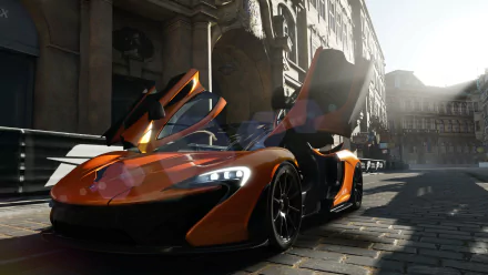 4K Ultra HD PC desktop wallpaper from Forza Motorsport 5: orange supercar with butterfly doors parked on a sunlit cobblestone street amid a detailed cityscape.