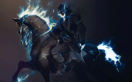 HD desktop wallpaper featuring a fantasy warrior on a horse, both enveloped in mystical blue lightning, set against a dark backdrop.