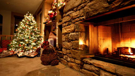 A cozy holiday scene featuring a stone fireplace, glowing Christmas lights, a beautifully decorated tree, and festive ornaments, creating a warm ambiance for the season.