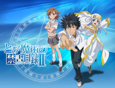 HD PC desktop wallpaper featuring three main characters from the anime A Certain Magical Index in dynamic poses against a blue background with magical circle designs.