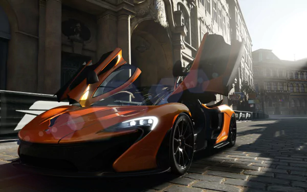4K Ultra HD PC desktop wallpaper from Forza Motorsport 5: orange supercar with butterfly doors parked on a sunlit cobblestone street amid a detailed cityscape.