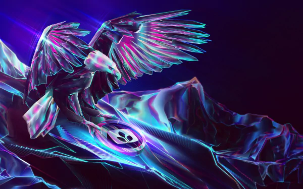 An artistic HD desktop wallpaper featuring a vibrant, stylized eagle soaring over a futuristic landscape, showcasing dynamic colors and sharp details.