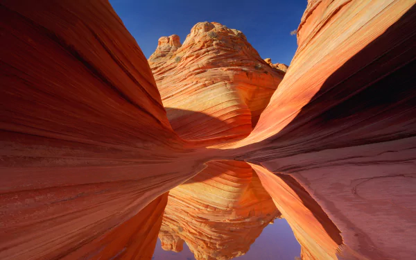 HD PC desktop wallpaper showcasing the vivid, swirling rock formations and deep crevices of Antelope Canyon under a clear blue sky.