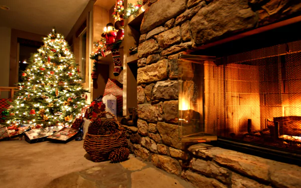 A cozy holiday scene featuring a stone fireplace, glowing Christmas lights, a beautifully decorated tree, and festive ornaments, creating a warm ambiance for the season.