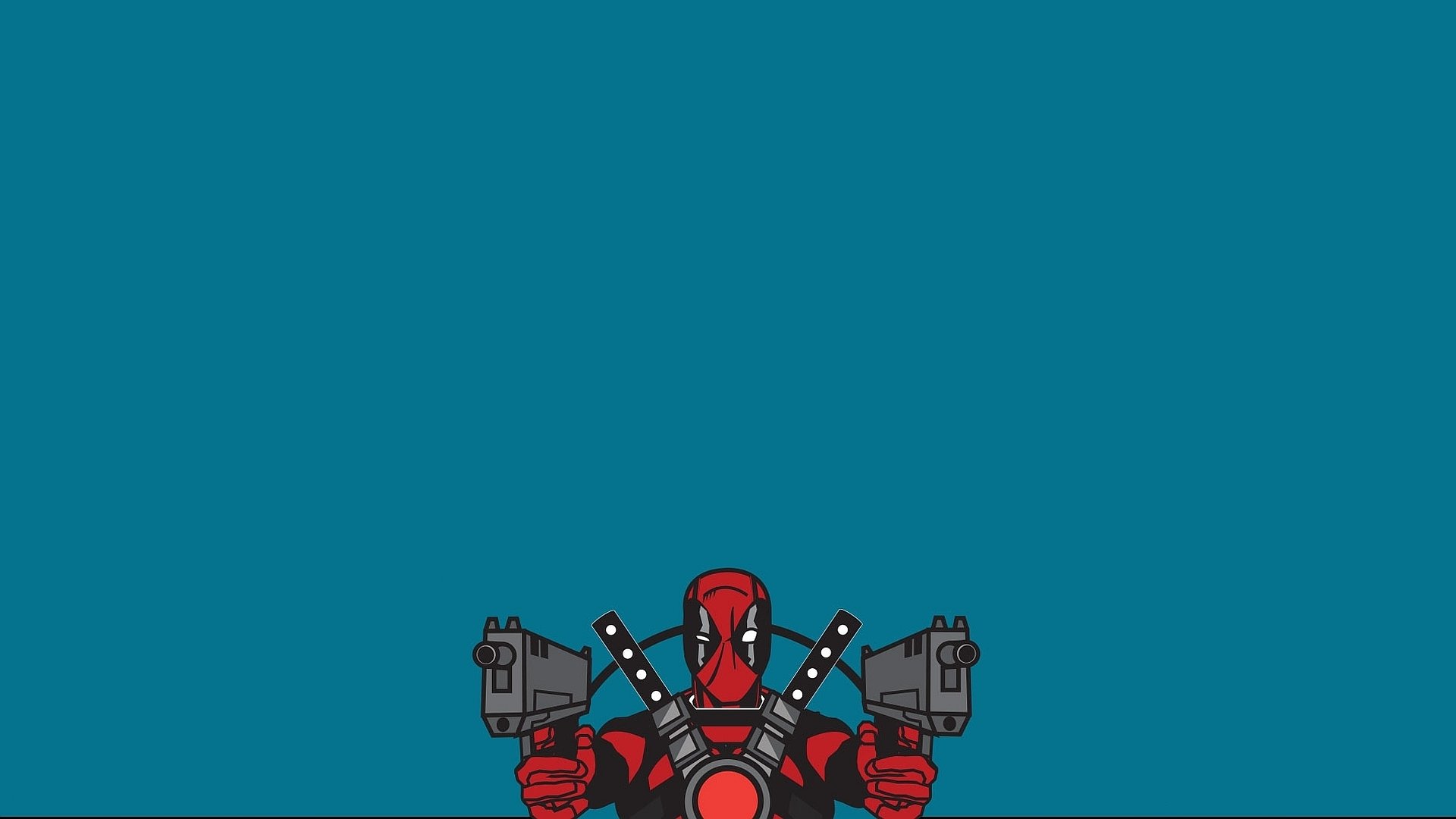 A vibrant Deadpool comic wallpaper featuring the iconic Merc with a Mouth holding dual weapons against a stark blue background.