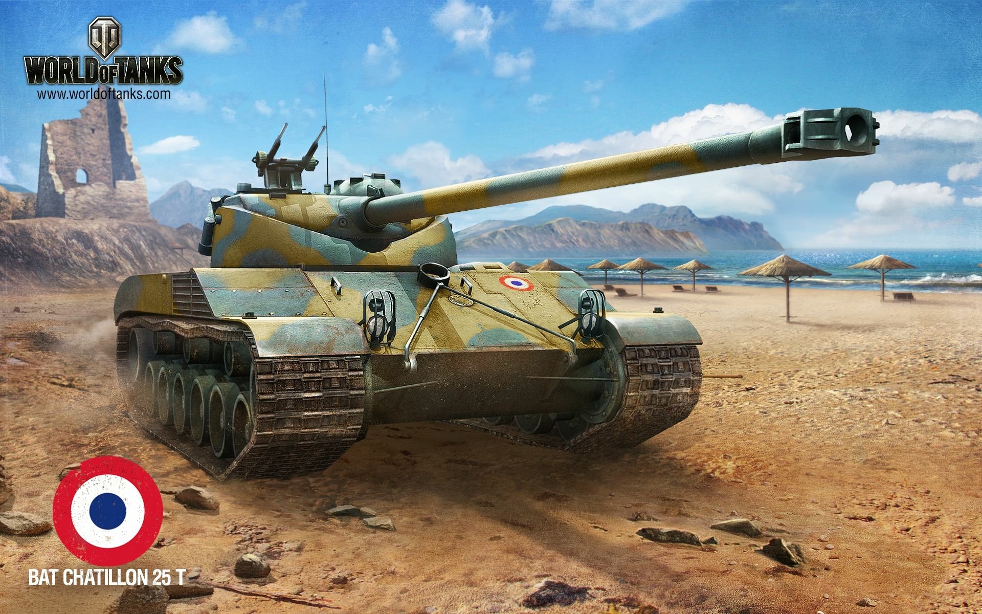 A HD wallpaper featuring a tank from the video game World of Tanks, set against a beach backdrop with mountains and umbrellas, showcasing vibrant colors and detailed graphics.