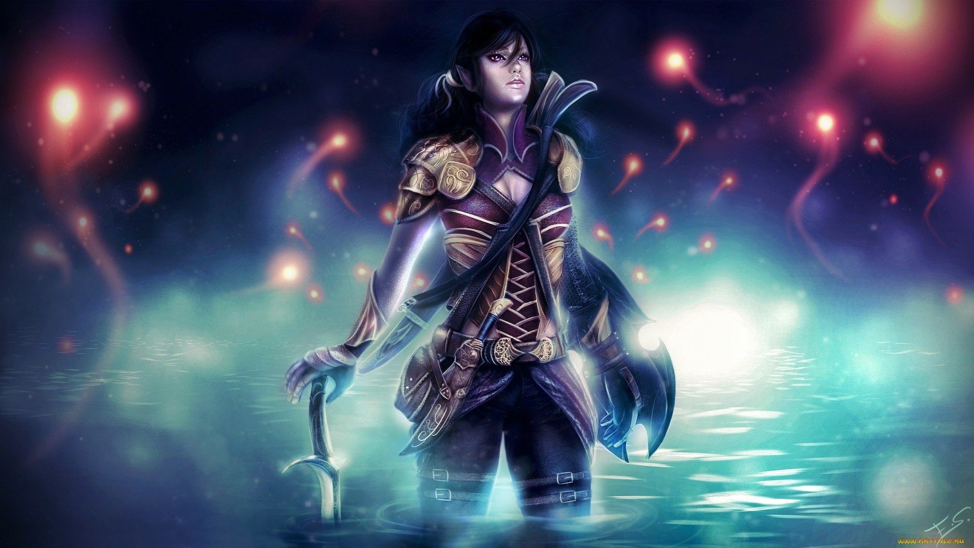 HD fantasy PC wallpaper of a determined woman warrior standing in glowing water, clad in detailed armor with ethereal lights floating around her.
