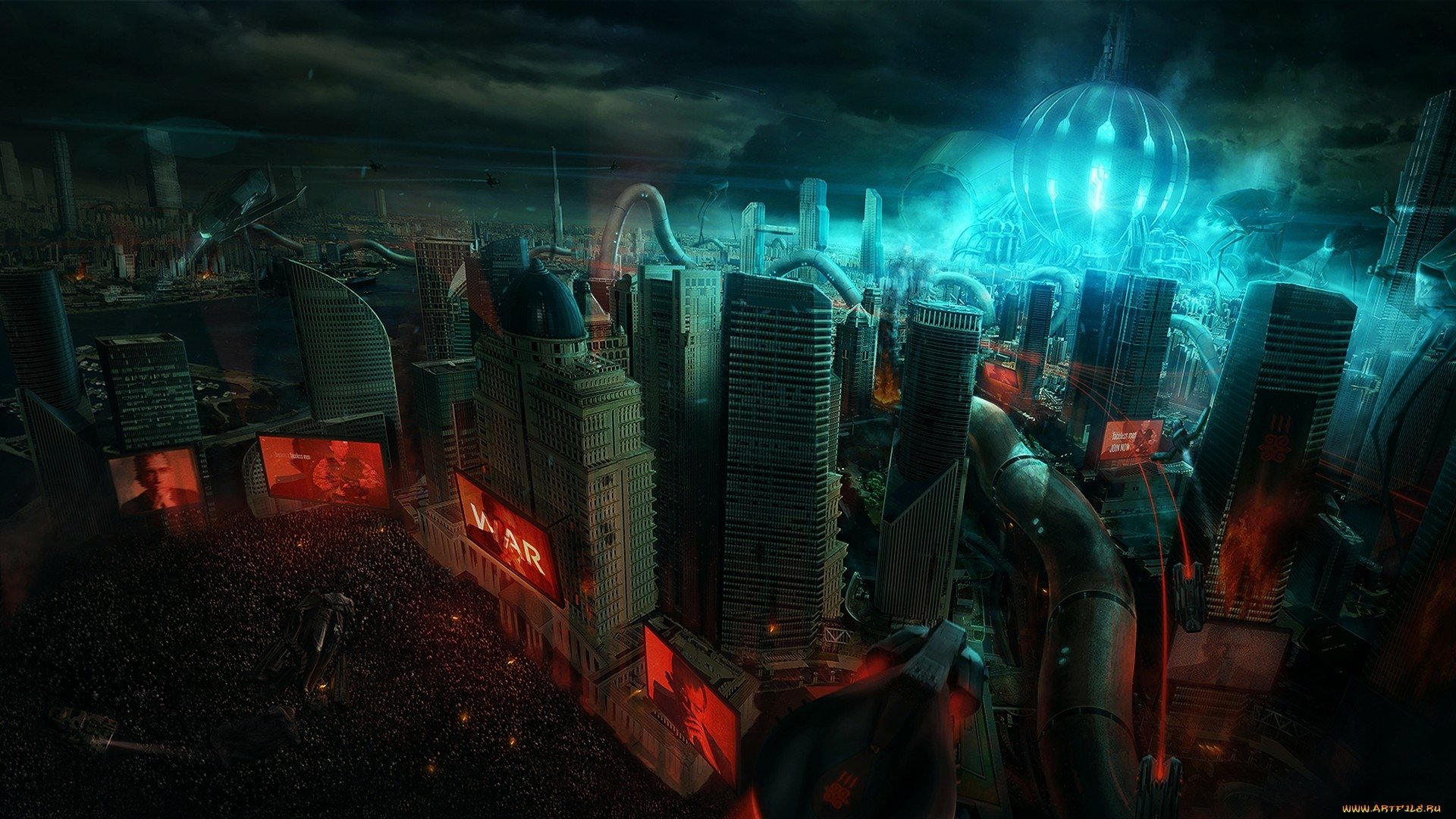 A vibrant sci-fi cityscape illuminated by neon lights, featuring towering skyscrapers and a bustling crowd, creating an immersive atmosphere for a high-definition desktop wallpaper.