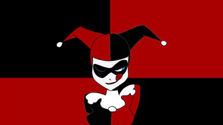 A vibrant HD wallpaper featuring Harley Quinn in a striking red and black design, showcasing her playful and mischievous character against a bold background.