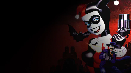 HD desktop wallpaper featuring Harley Quinn, Joker, and Batman from the TV show Batman: The Animated Series with a dark Gotham City background.