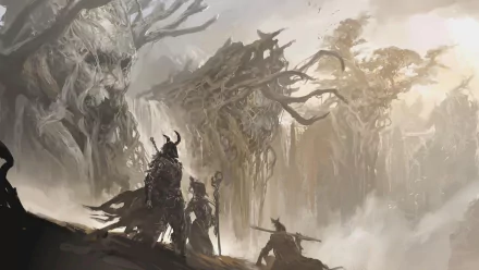 A captivating HD wallpaper from Guild Wars 2, showcasing a group of armored warriors against a mystical landscape filled with ancient trees and ethereal light.