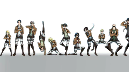 HD desktop wallpaper featuring characters from Attack on Titan including Reiner Braun, Historia Reiss, Jean Kirstein, Bertolt Hoover, Sasha Blouse, Armin Arlert, Mikasa Ackerman, Eren Yeager, Connie Springer, and Annie Leonhart.