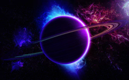 Sci-fi 2K Quad HD PC desktop wallpaper: glowing purple planet with a bright planetary ring and neon auroras amid vivid nebula clouds.