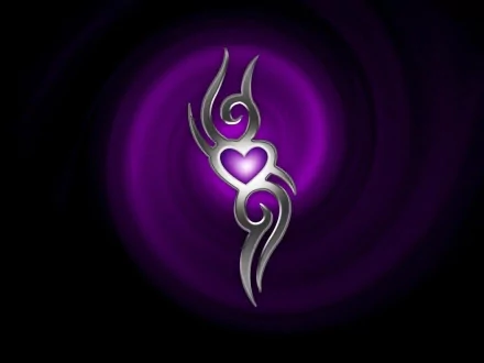 Artistic HD desktop wallpaper featuring a metallic heart symbol surrounded by swirling, abstract purple light.