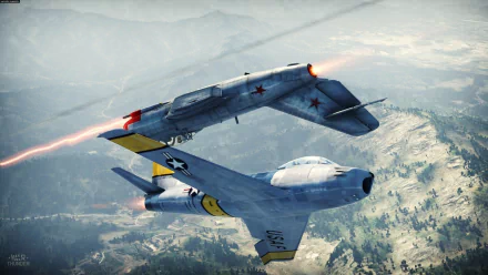 HD PC desktop wallpaper featuring aerial combat between two fighter jets from the video game War Thunder, showcasing dynamic mid-air action and detailed aircraft design.