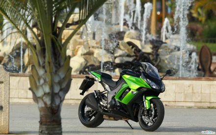 HD PC desktop wallpaper featuring a green Kawasaki Z1000SX motorcycle parked near a palm tree with a decorative fountain in the background.