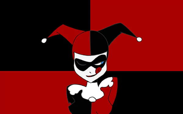 A vibrant HD wallpaper featuring Harley Quinn in a striking red and black design, showcasing her playful and mischievous character against a bold background.