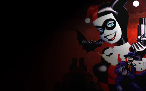 HD desktop wallpaper featuring Harley Quinn, Joker, and Batman from the TV show Batman: The Animated Series with a dark Gotham City background.