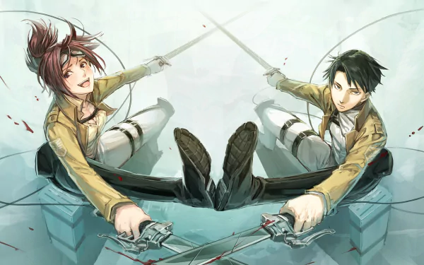 Hange Zoë and Levi Ackerman from Attack on Titan prepare for action, wielding swords in a dynamic HD anime wallpaper. The artwork captures their intense camaraderie and readiness.