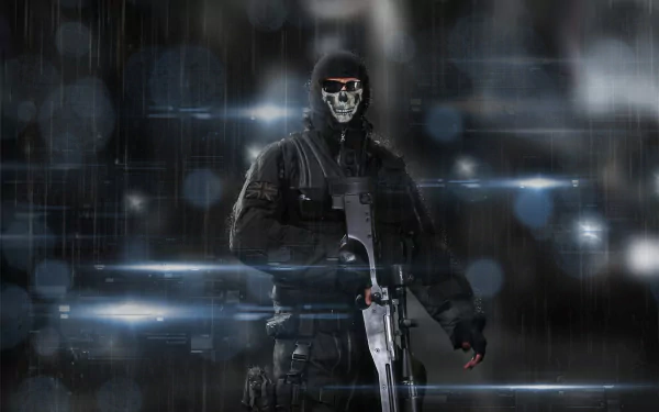 HD desktop wallpaper and background featuring a masked soldier holding a rifle, from the video game Call of Duty: Ghosts, set against a dark, futuristic backdrop with light streaks.