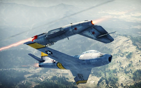 HD PC desktop wallpaper featuring aerial combat between two fighter jets from the video game War Thunder, showcasing dynamic mid-air action and detailed aircraft design.