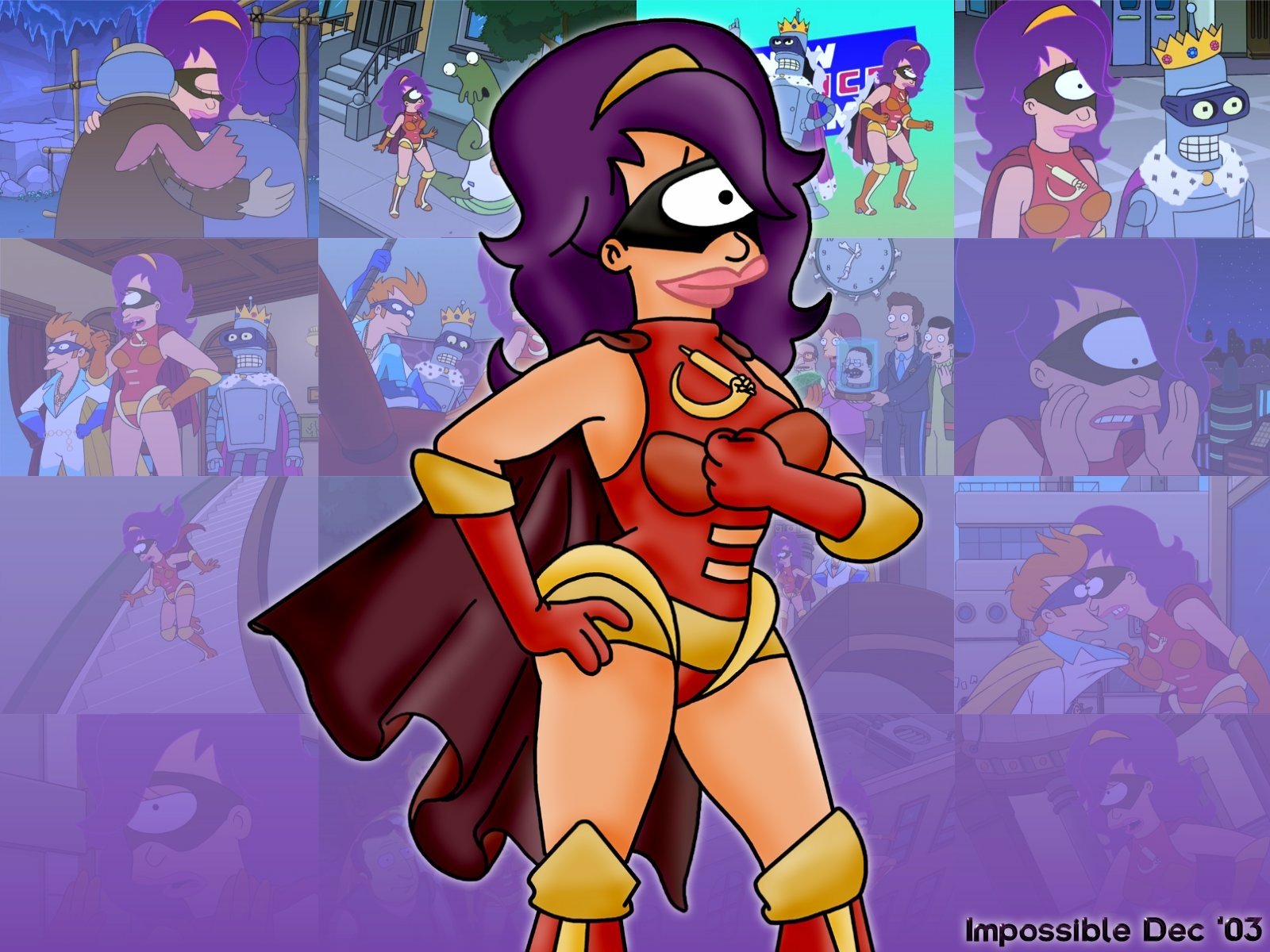 HD PC desktop wallpaper/background featuring Leela (Futurama) in a red superhero costume with purple hair and cape, set against a purple collage of scenes from the Futurama TV Show.