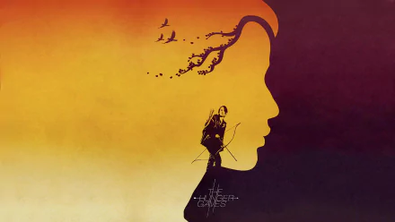 A striking HD wallpaper of Jennifer Lawrence as Katniss Everdeen from The Hunger Games, featuring a silhouette of her profile with symbolic imagery in the background.