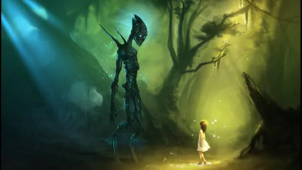 HD desktop wallpaper featuring a mystical sci-fi scene with a small child facing a towering alien in a green, foggy forest.