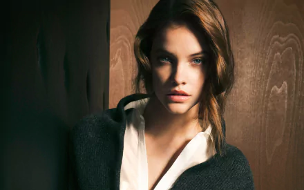 HD desktop wallpaper featuring Hungarian actress and celebrity Barbara Palvin against a wooden background.