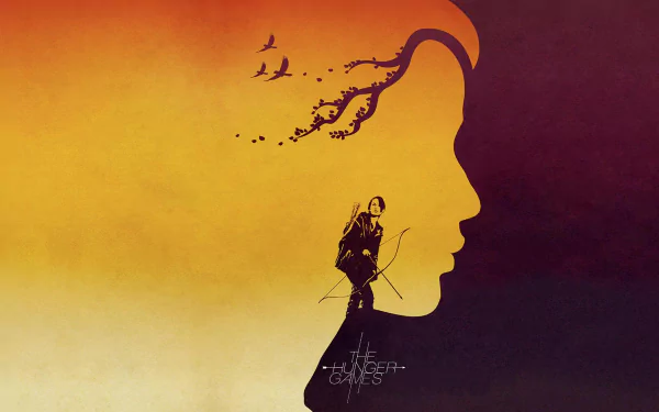 A striking HD wallpaper of Jennifer Lawrence as Katniss Everdeen from The Hunger Games, featuring a silhouette of her profile with symbolic imagery in the background.