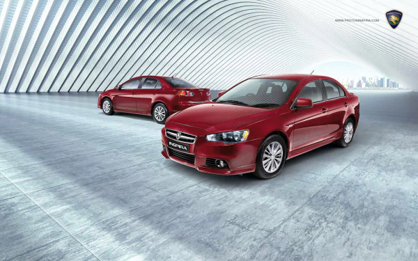 HD PC desktop wallpaper of two red Proton vehicles in a futuristic arched concrete space, one sedan facing forward and the other showing the rear.