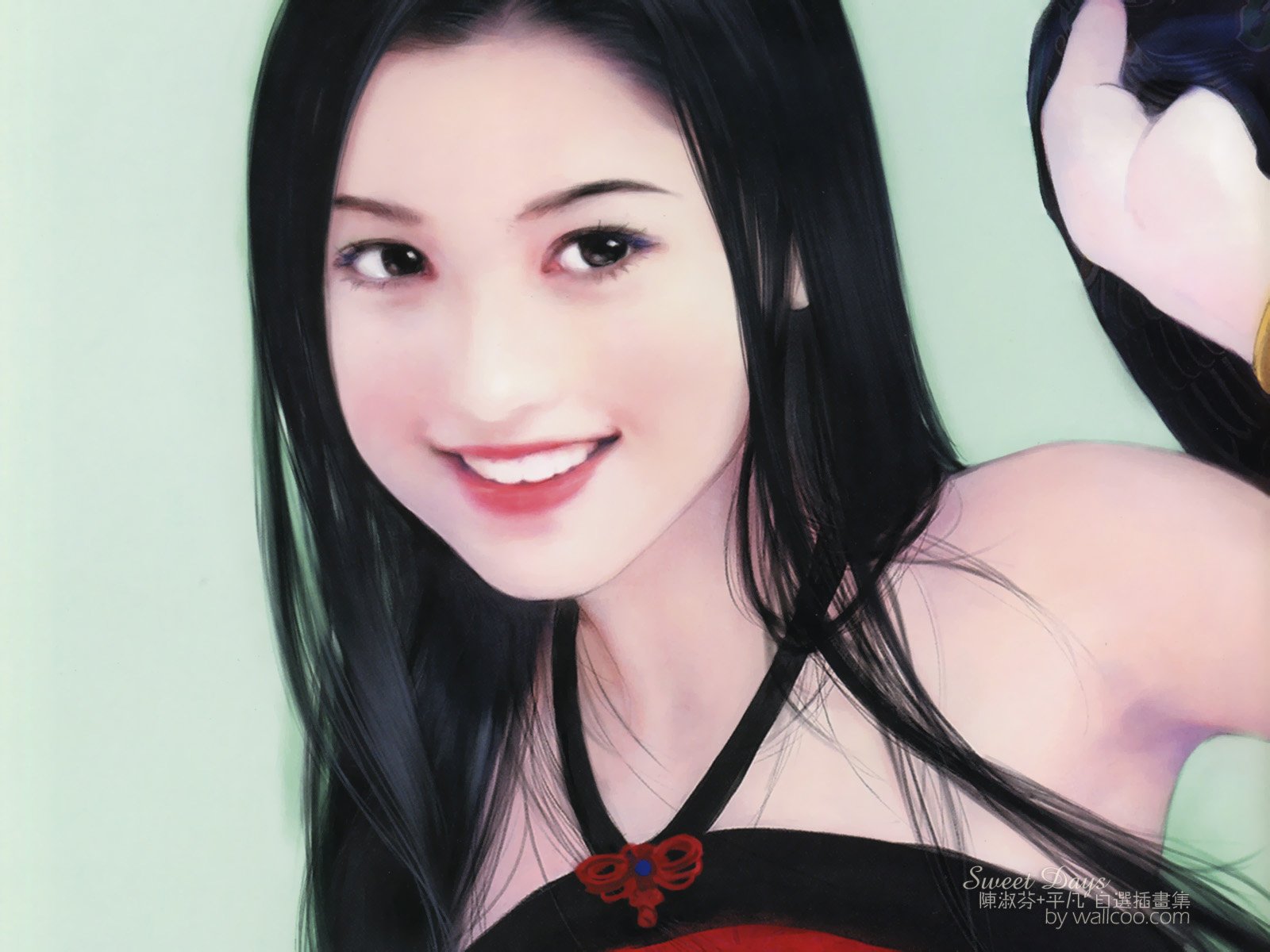 HD PC desktop wallpaper featuring a smiling Korean woman with long black hair against a light background.