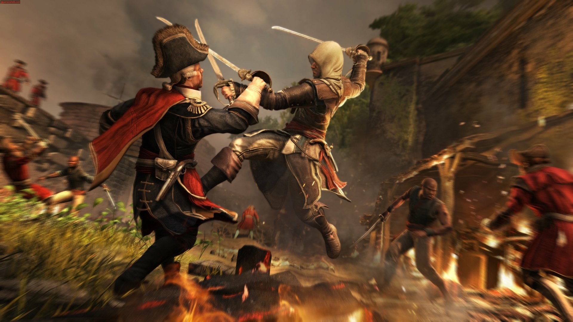 Dynamic scene from Assassin's Creed IV: Black Flag featuring a fierce sword fight between an assassin and a soldier, set against a backdrop of chaos and fire. 4K Ultra HD quality.