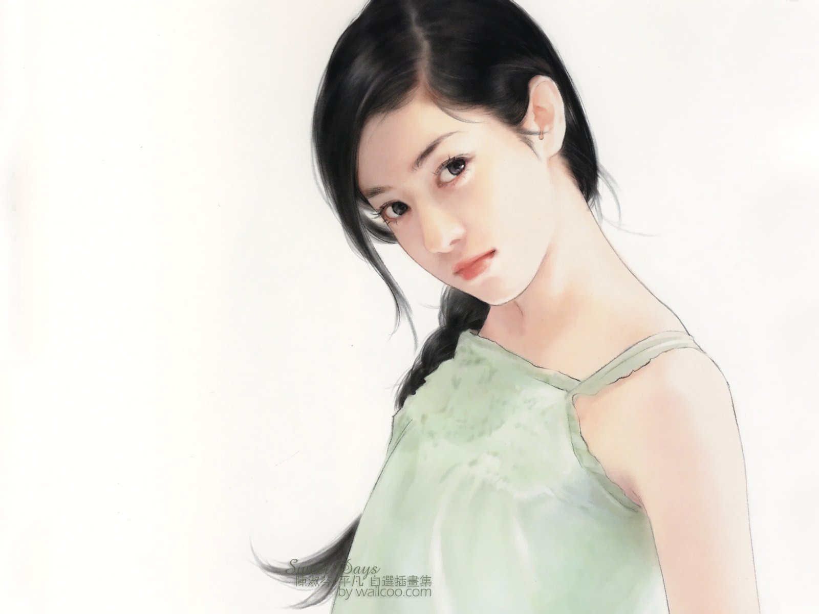 HD digital artwork of a Korean woman with long dark hair in a soft green top, set against a light background, designed as a PC desktop wallpaper.