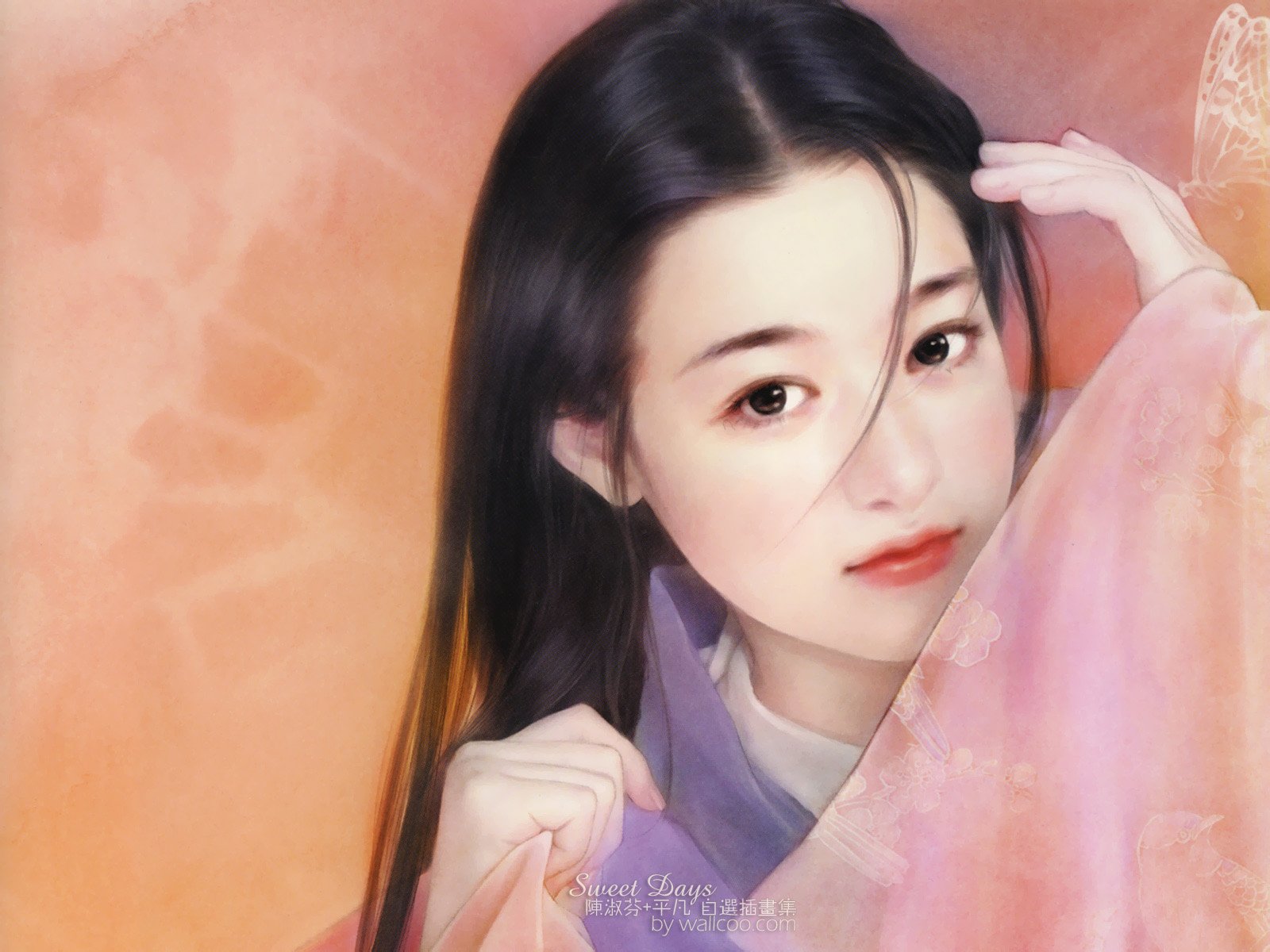 HD PC desktop wallpaper featuring a Korean woman with long dark hair against a soft peach background.